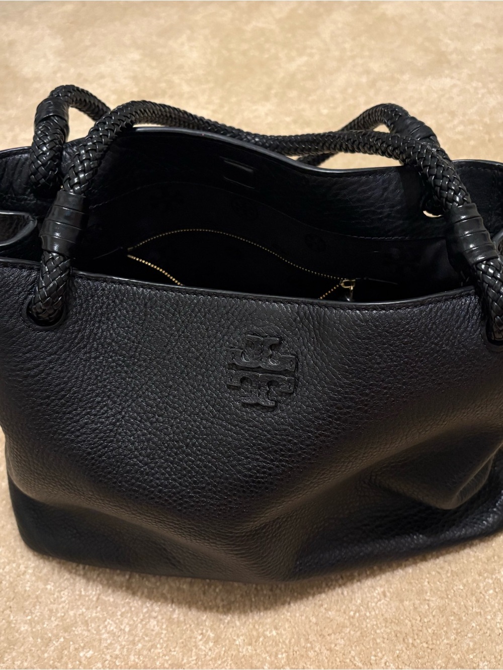 Tory Burch Black Pebbled Leather Shoulder Bag with Braided Handles